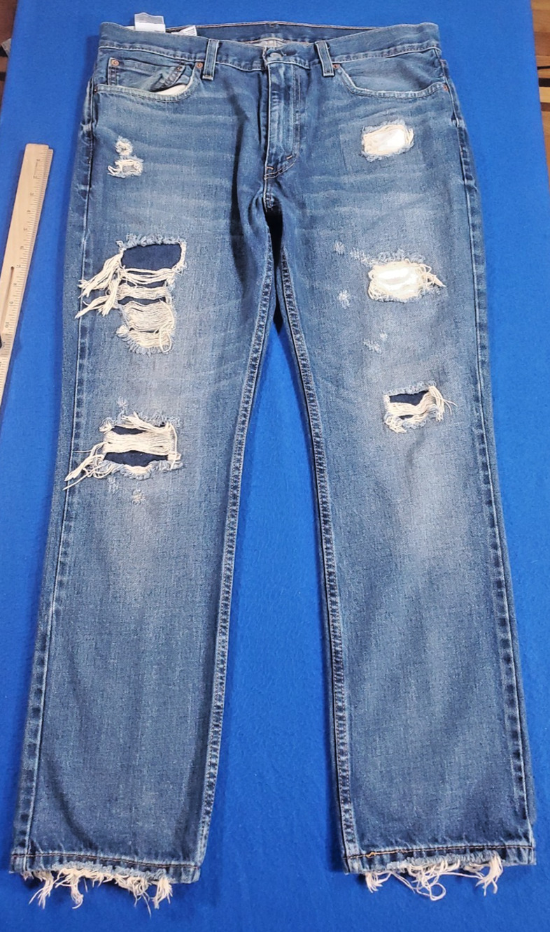 Levis 514 Slim Straight Jeans Mens 36x30 Blue Ripped Distressed Frayed